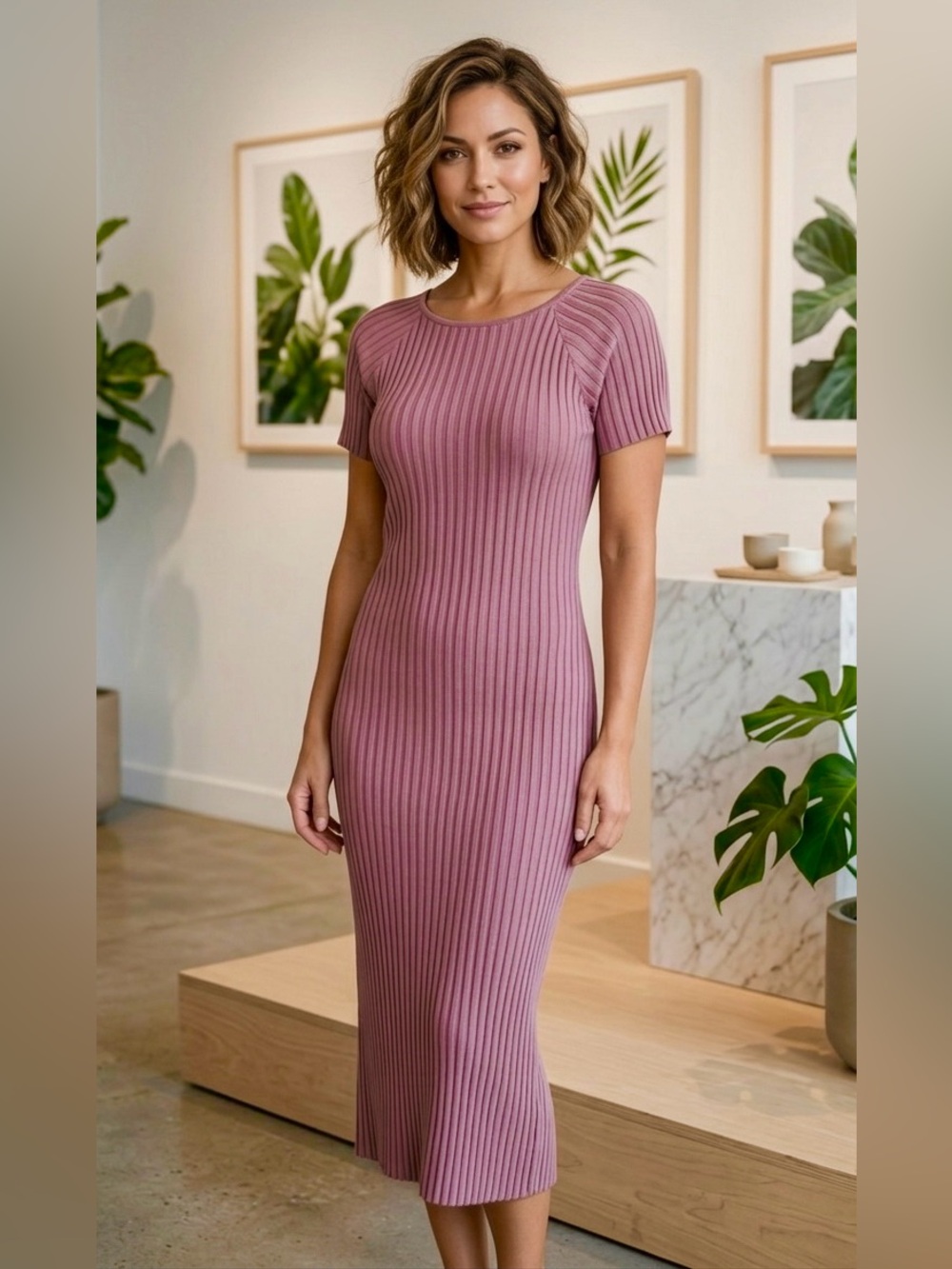 Free People Ribbed Short-Sleeve Midi Dress in Dusty Pink